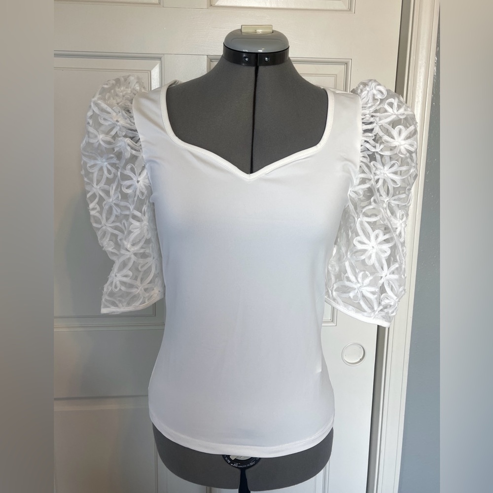 SHEIN White Embellished 3/4 Sleeve Fitted Blouse NEW